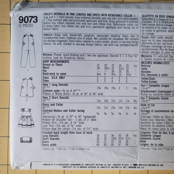 Vintage Simplicity 9073 Childs Romper & Dress with Detachable Collars Size 5 - Picture 2 of 2